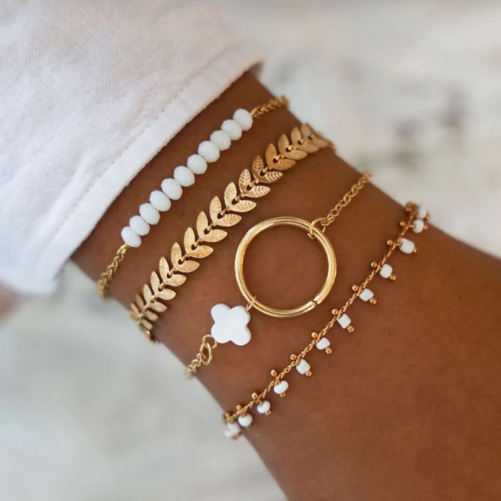 4 Pcs/set gold bohemian white beads bracelet charm tennis anklet bangles bracelets