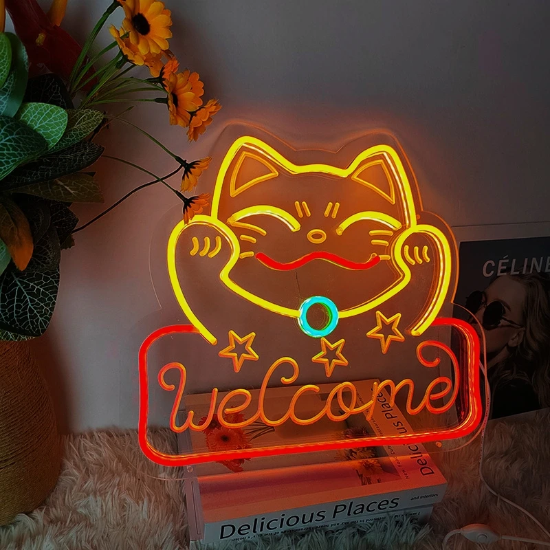 Manufacturer Fast delivery Dropshipping  Lucky Cat welcome led neon letter sign custom led light logo neon sign custom