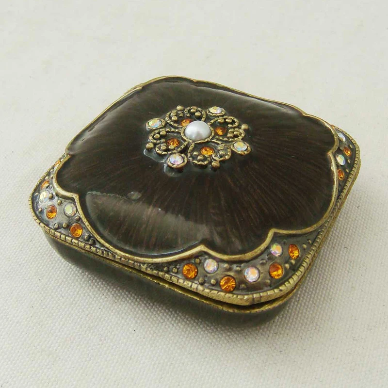 Vintage Brass Blue White Coffee Epoxy Metal Zinc Alloy Jewelry Trinket Box Square With Rhinestones And ABS Pearls Jeweled