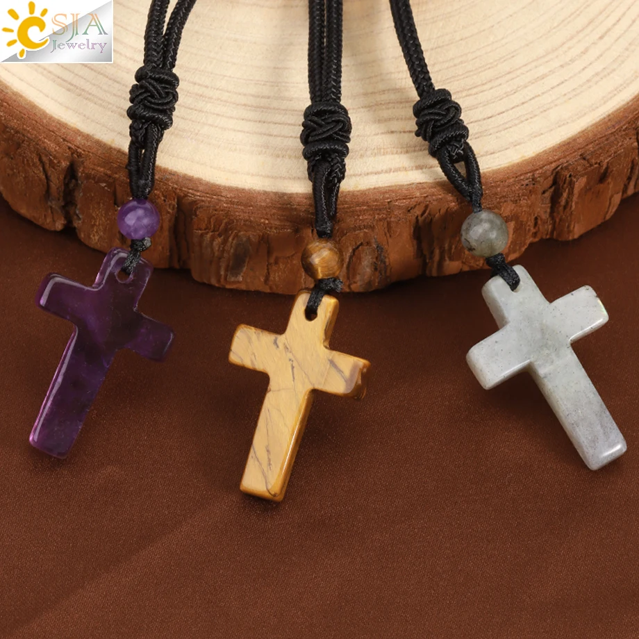 CSJA Hot Energy Reiki Healing Crystal Tiger Eye Amethysts Natural Stone Cross Pendant Amulet Necklace Jewelry for Men Women H254
