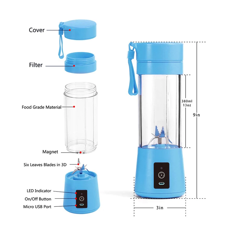 380 ml Mini Portable Blender Cup Electric Fruit Juicer Extractor Machine Rechargeable Juice Maker Dispenser Bottles 150W 6 Blade
