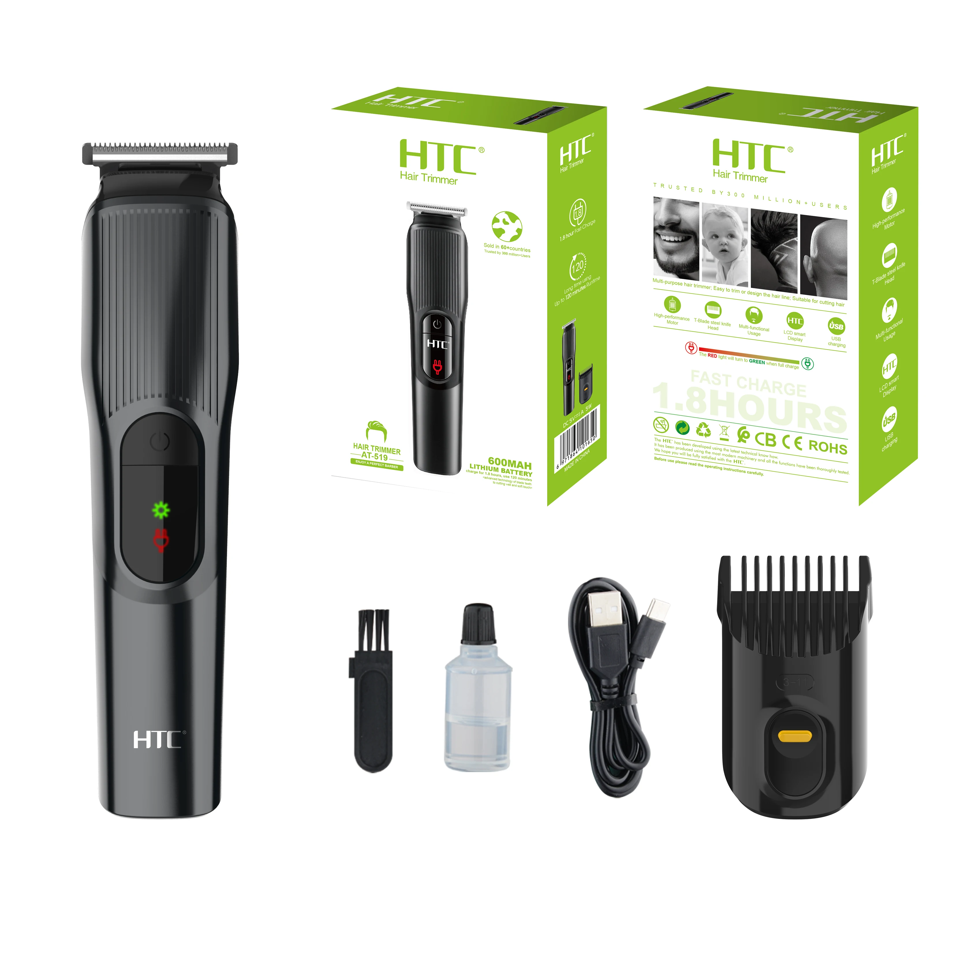 HTC AT-519 Rounded Combs Hair Trimmer Black Lithium Battery Trims Evenly Hair Clipper Trimmer