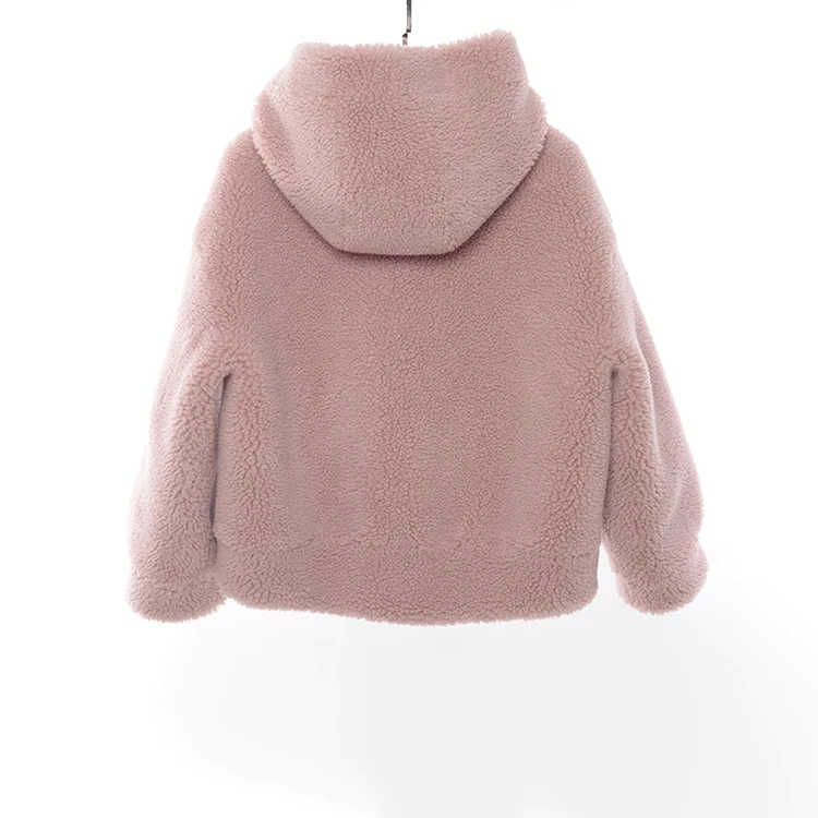 Wholesale 100% Polyester Pink Cropped Jacket Warm Hood Winter Faux Fur Coat With Zipper