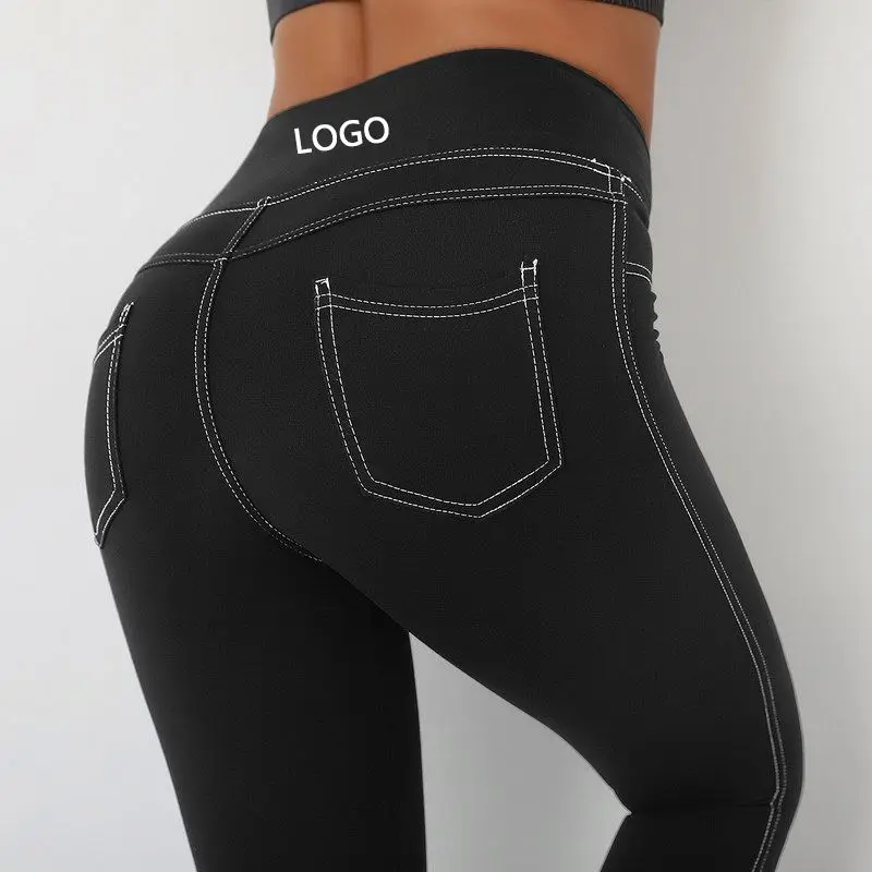 
Simulate Jeans Women Yoga Pants High Waist Sports Gym Leggings With Pocket Compressed Trousers Fitness Push Up Tights 
