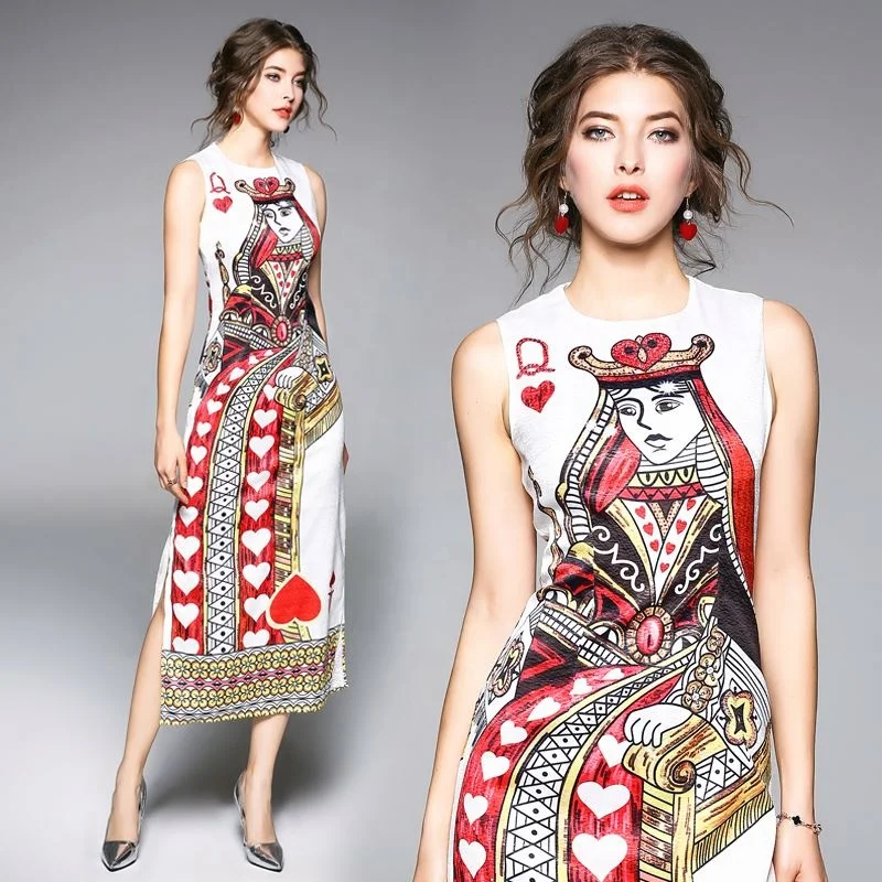 
Poker Flowers Print Sleeveless Runway Dress 