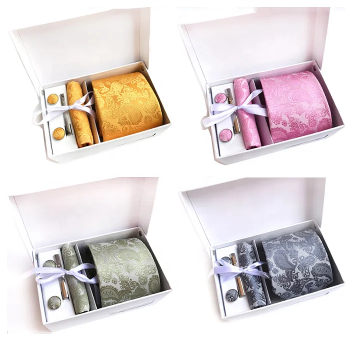 Fast Delivery Paisley Pattern Tie Clip Cufflinks Tie And Hanky Sets With Box Packing
