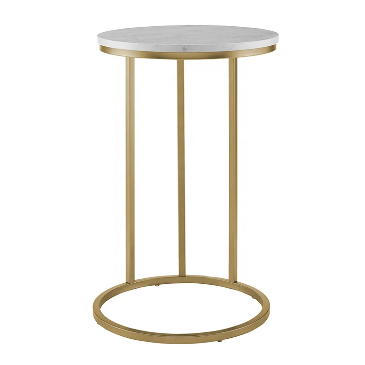 Household Small Round C Shaped Side Table with Faux Marble Top