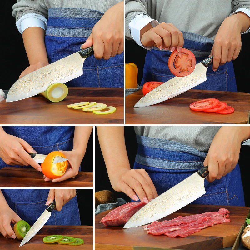 2024 New Arrivals Exquisite 4 Pieces Gilt Damascus Resin Handle  Santoku Paring Chef Knives Set With Wooden Storage Box