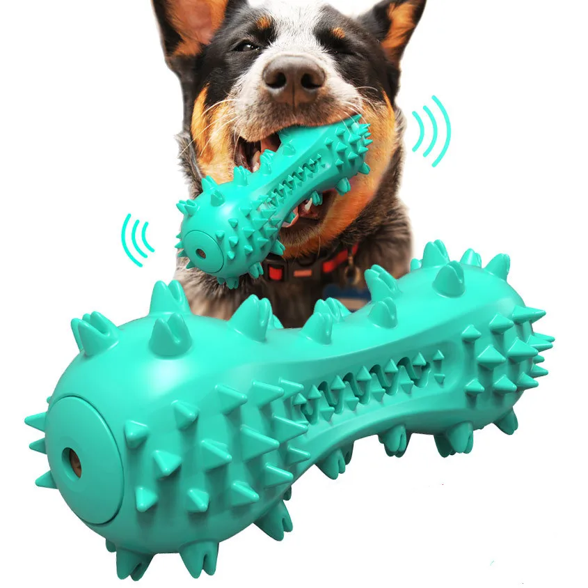 Dumbbell shaped Natural rubber pet toothbrush toys durable dog chew toy with sound
