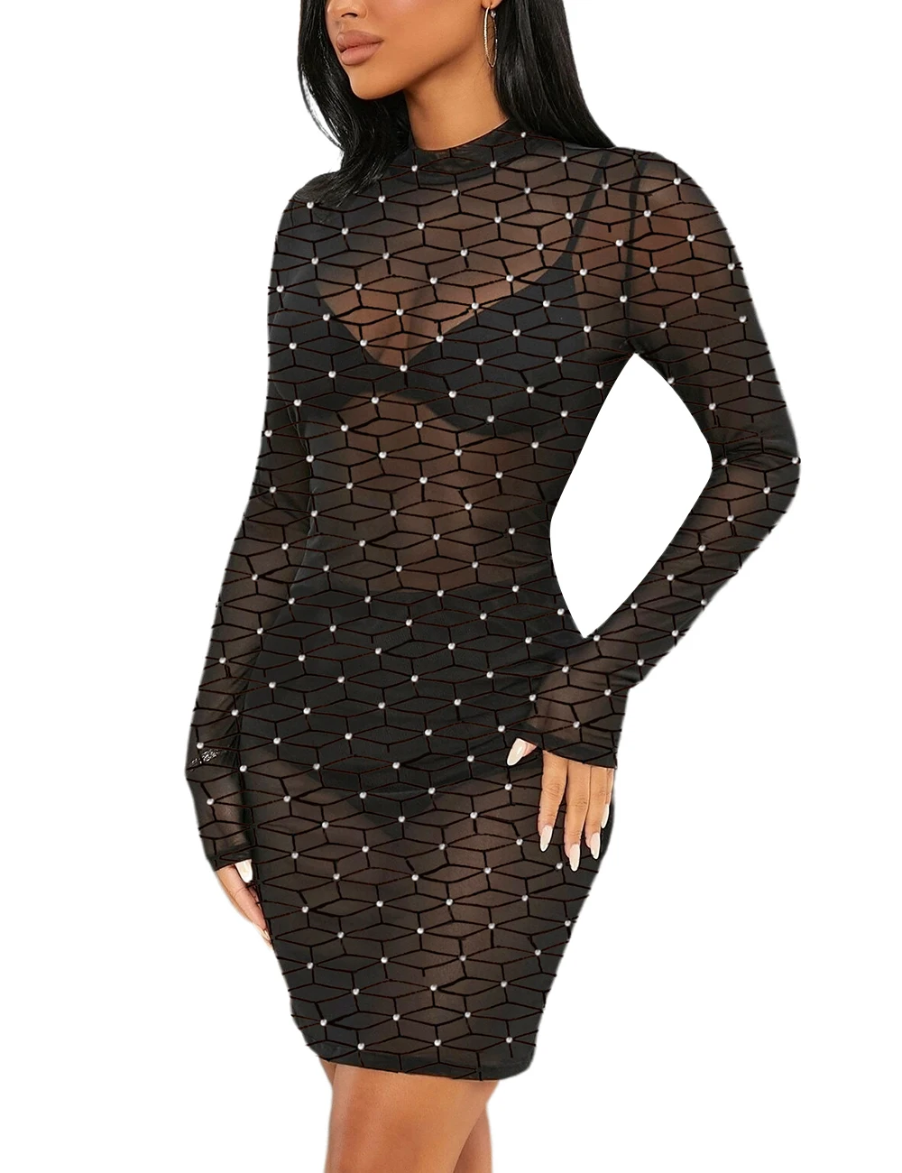 Black Rhinestone Mesh Velvet Mature Women Dresses Hot Ladies Sexy Transparent Club Wear Dress