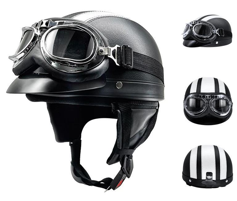 Classic Motorcycle Helmet With Mask Half Face Leather Personality Retro Casco For Harley Electric Motorcycle Vintage Helmet