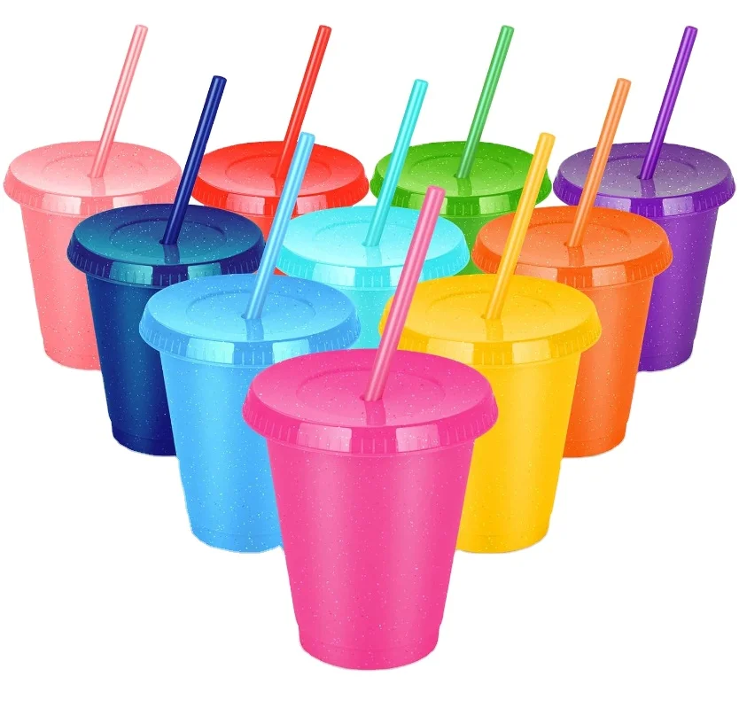 Reusable Plastic Cups with Straws & Lids:16oz Cold Iced Coffee Drinking Cup Straw Tumblers Travel Party Glitter Cups for Kids