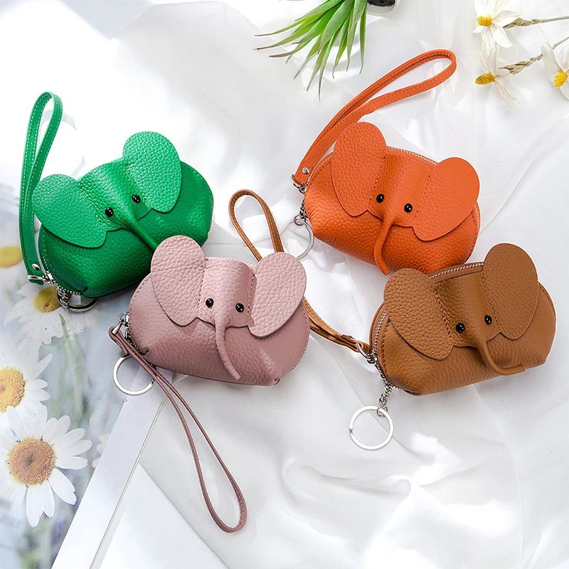 Creative Mini Wallet Genuine Leather Cartoon Cute Elephant Coin Purse Solid Color Ladies Fashion Zipper Portable Lipstick Bag