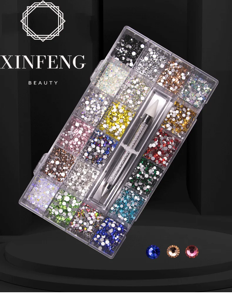 3D Glass Crystal Nail Art Rhinestones Kit with Flatback Round Bead Charm Stone Jewelry Diamond for Manicure Craft