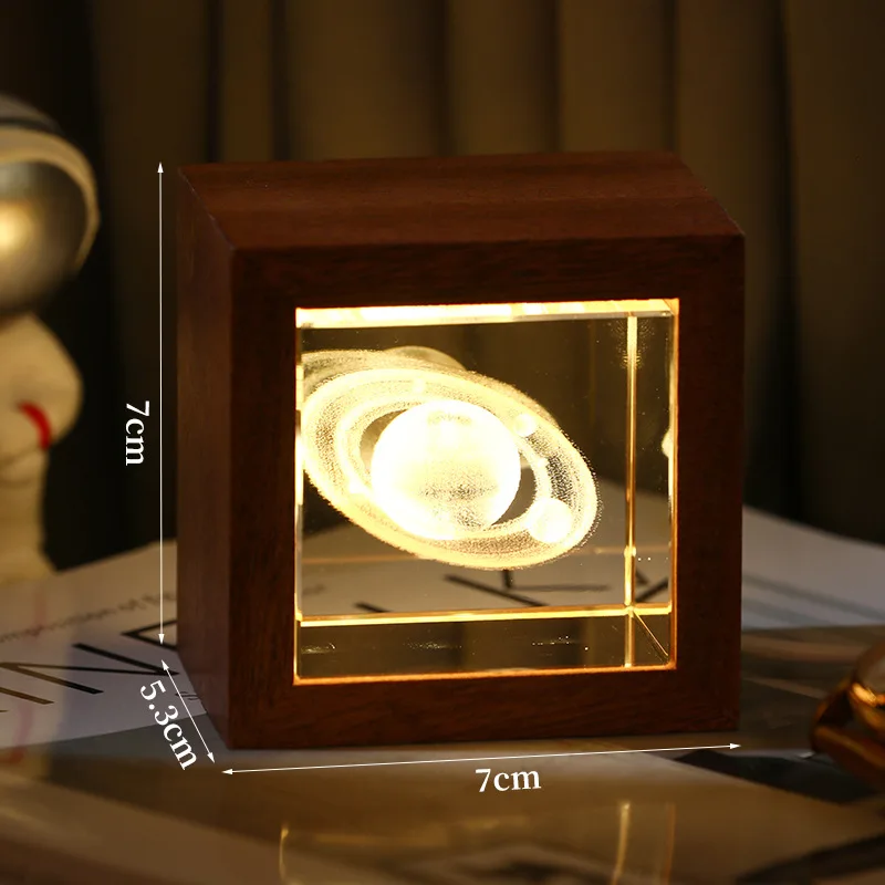 With Wooden Frame Crystal 3d Laser Engraved Solar System Planet Moon Glass Ball Cube Night Light Souvenir