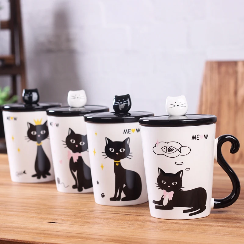Factory Wholesale Creative Cartoon Cat Tail Handle Milk Ceramic Cup Animal Advertising Promotion Mug With Lid