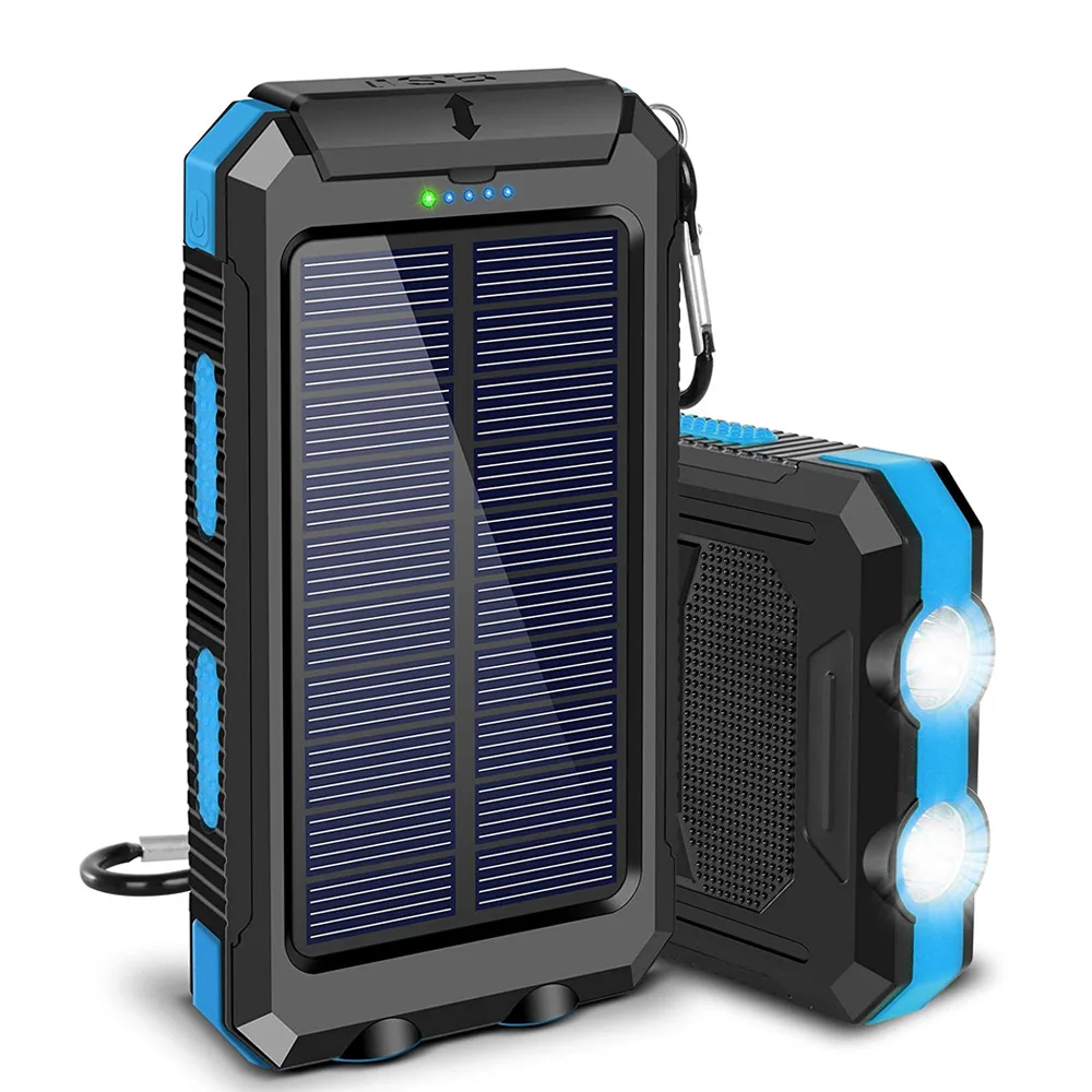  Солнечный внешний аккумулятор водонепроницаемый 20000mAh Солнечное зарядное устройство USB порты Внешнее Powerbank со светодиодной