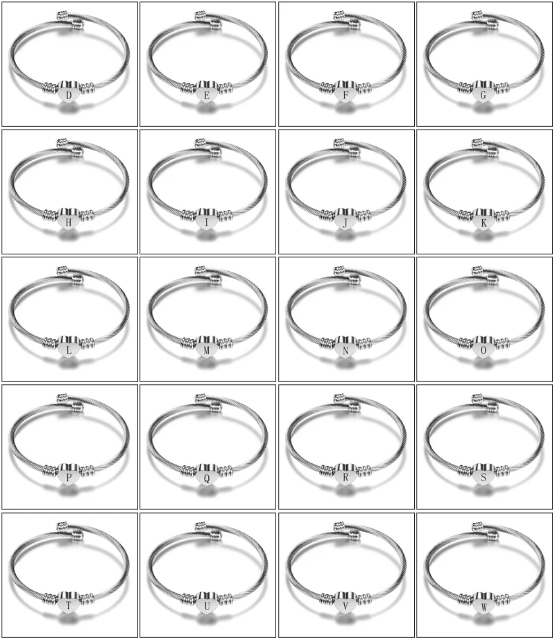 Fashion personality cable design cuff heart charm stainless steel bangle bracelet