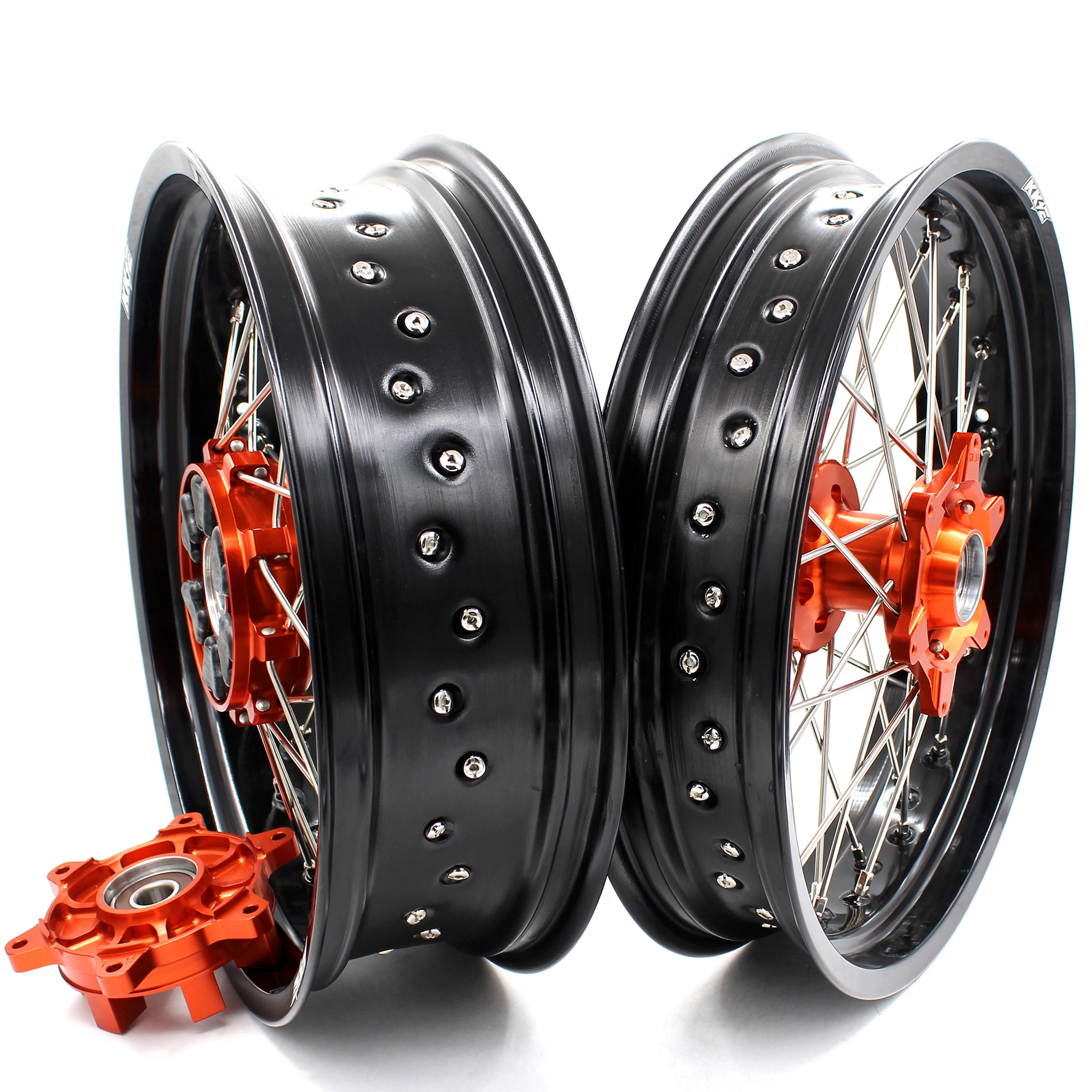 
KKE 3.5/4.5 Supermotard Cush Wheels Set Compatible with KTM LC4 SUPERMOTO 640 SMC525 SMC660 Anodized Orange Hub Black Rim 