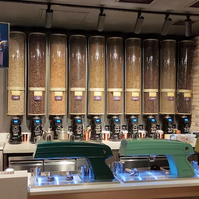 Big Coffee Bean Dispenser And Storage Hopper Wall Mounted Coffee Bean Silos For Coffee And Tea Shop Display With Grinder