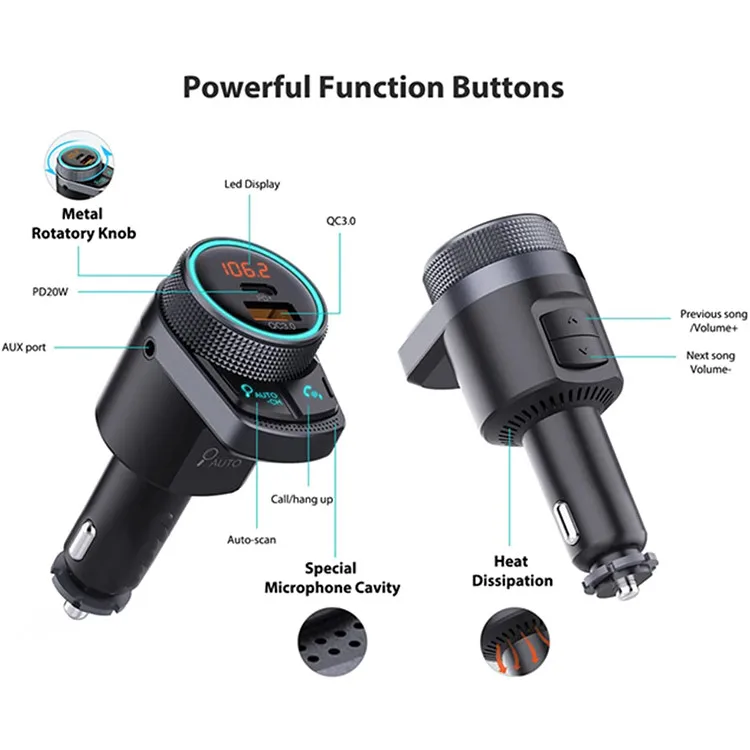 FM Transmitter Auto Scan FM USB QC3.0 PD Type C Fast Charging Car Charger Wireless 5.0 Handsfree Car FM Modulator