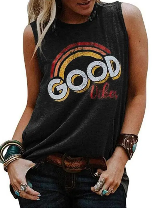 Женская Винтажная футболка без рукавов, Повседневная футболка с графическим рисунком, майка Good Vibes Rainbow
