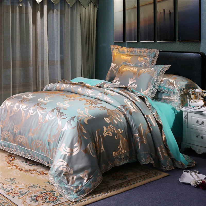 
European-style active lace satin jacquard four-piece lace duvet cover silk bedding set 
