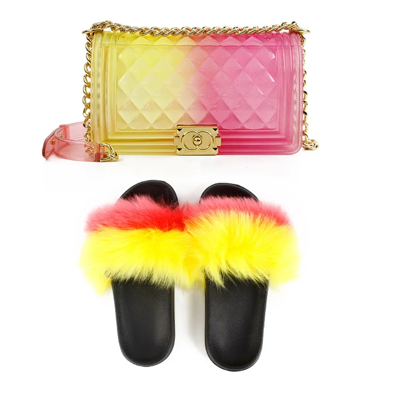 Wholesale Fashion Daily Wear Fur Flat Fancy Fluffy Furry Flip Shoe And Transparent Pvc White Jelly Bag And Shoes Set