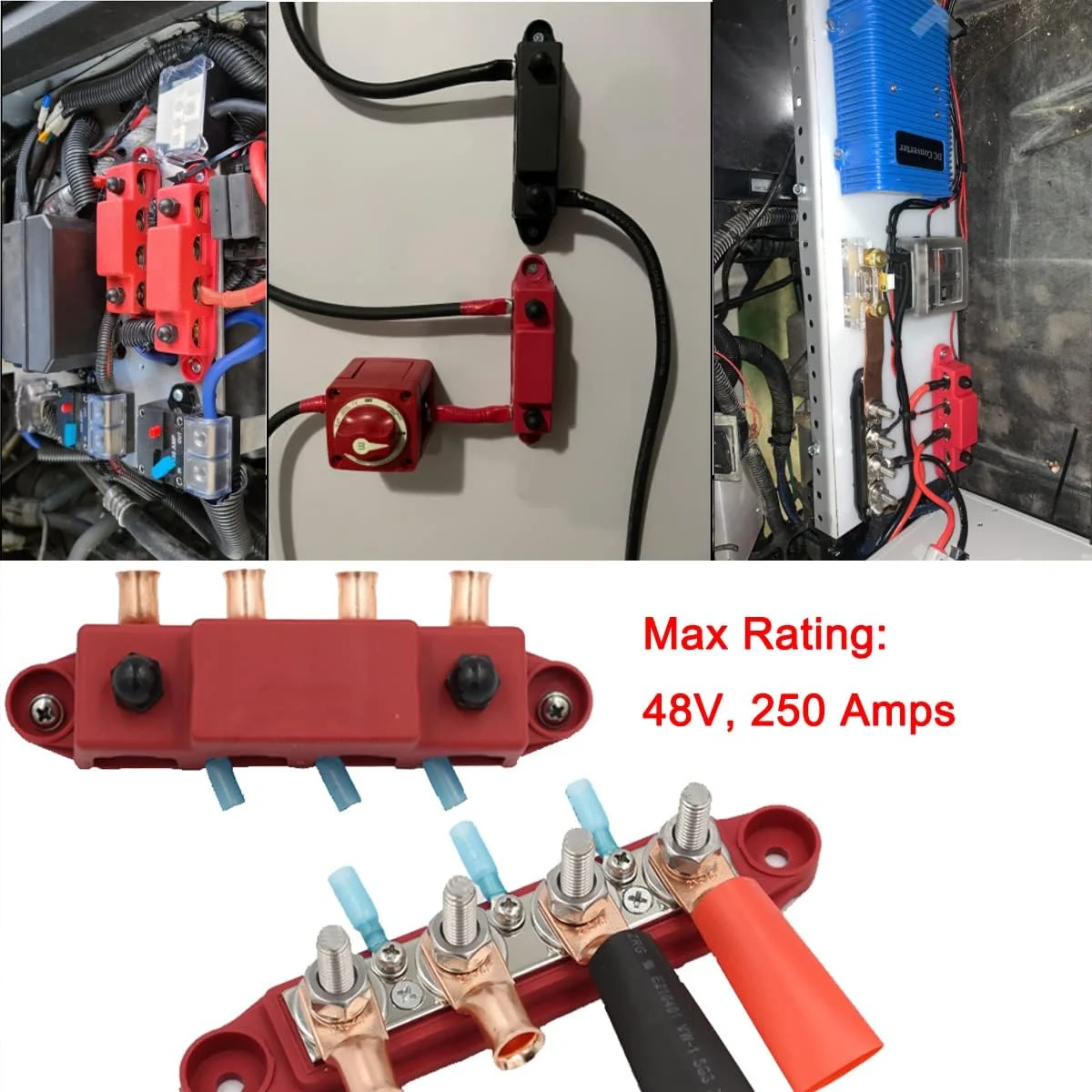 12V 250A Big Current Automatic Marine Power Busbar Power Terminal Distribution Block  4*M10 Studs and 3*M4 Screws with Cover