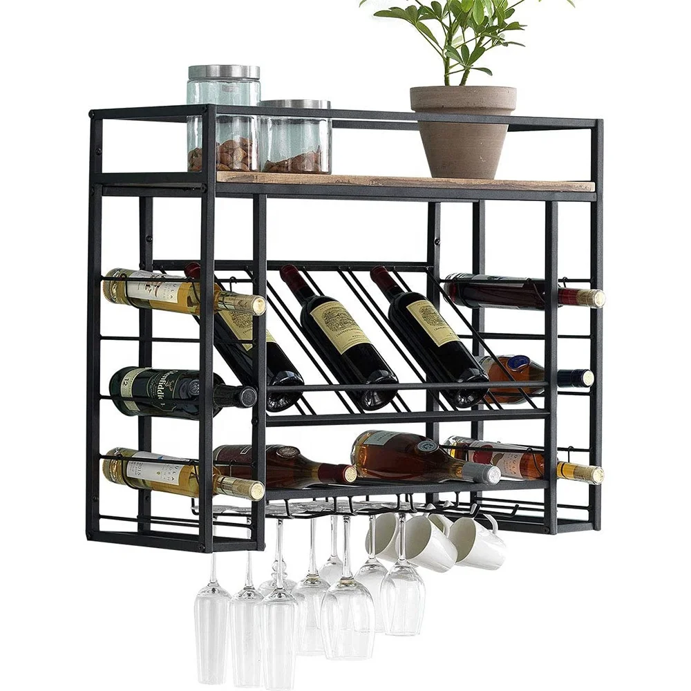 Промышленный настенный держатель для стаканов и кружек, подвесные винные стойки для винных бутылок, винный дисплей, настенный стеллаж коричневого цвета
