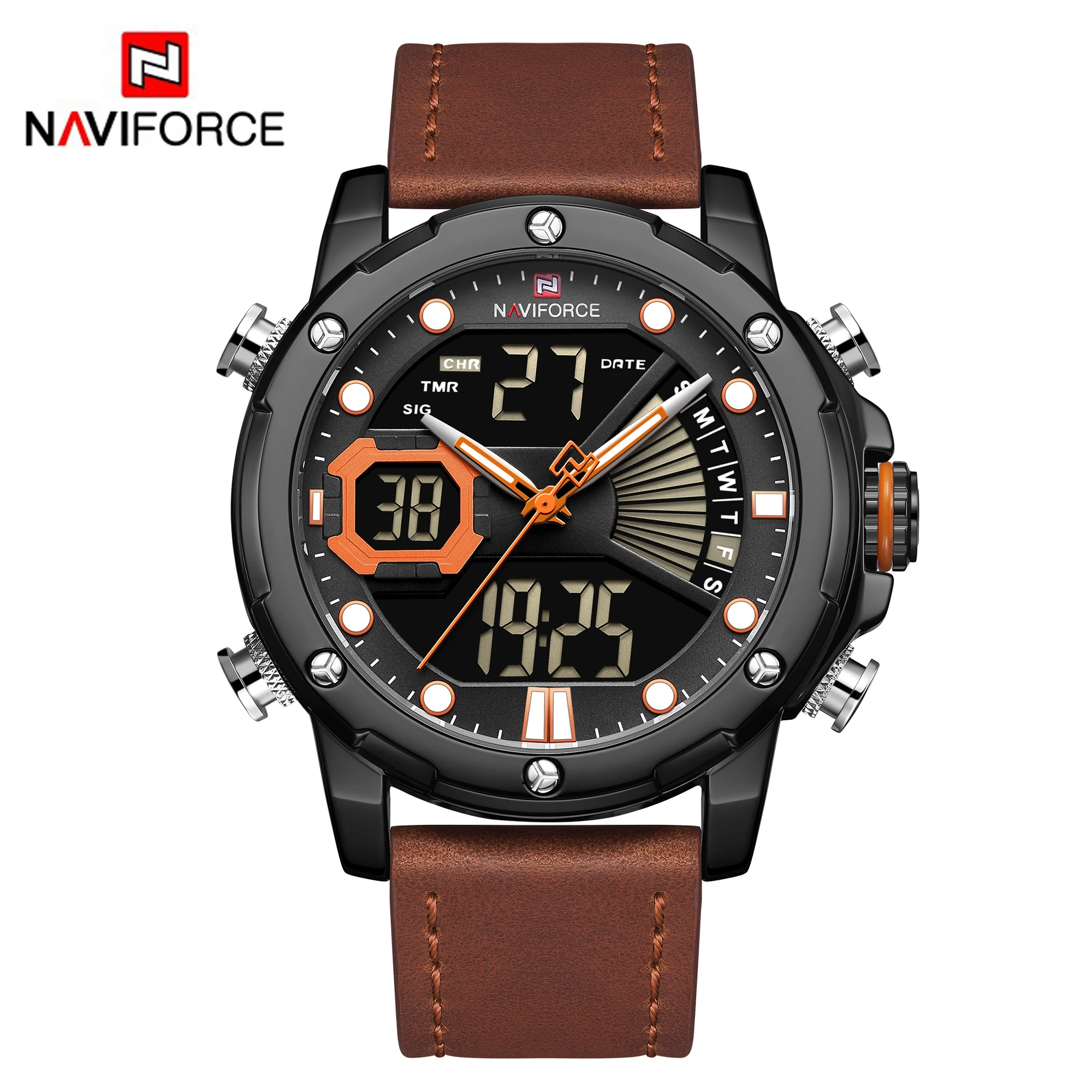 New Design Brand NAVIFORCE 9172 Leather Quartz Wristwatch LCD Men Waterproof Clock Watches