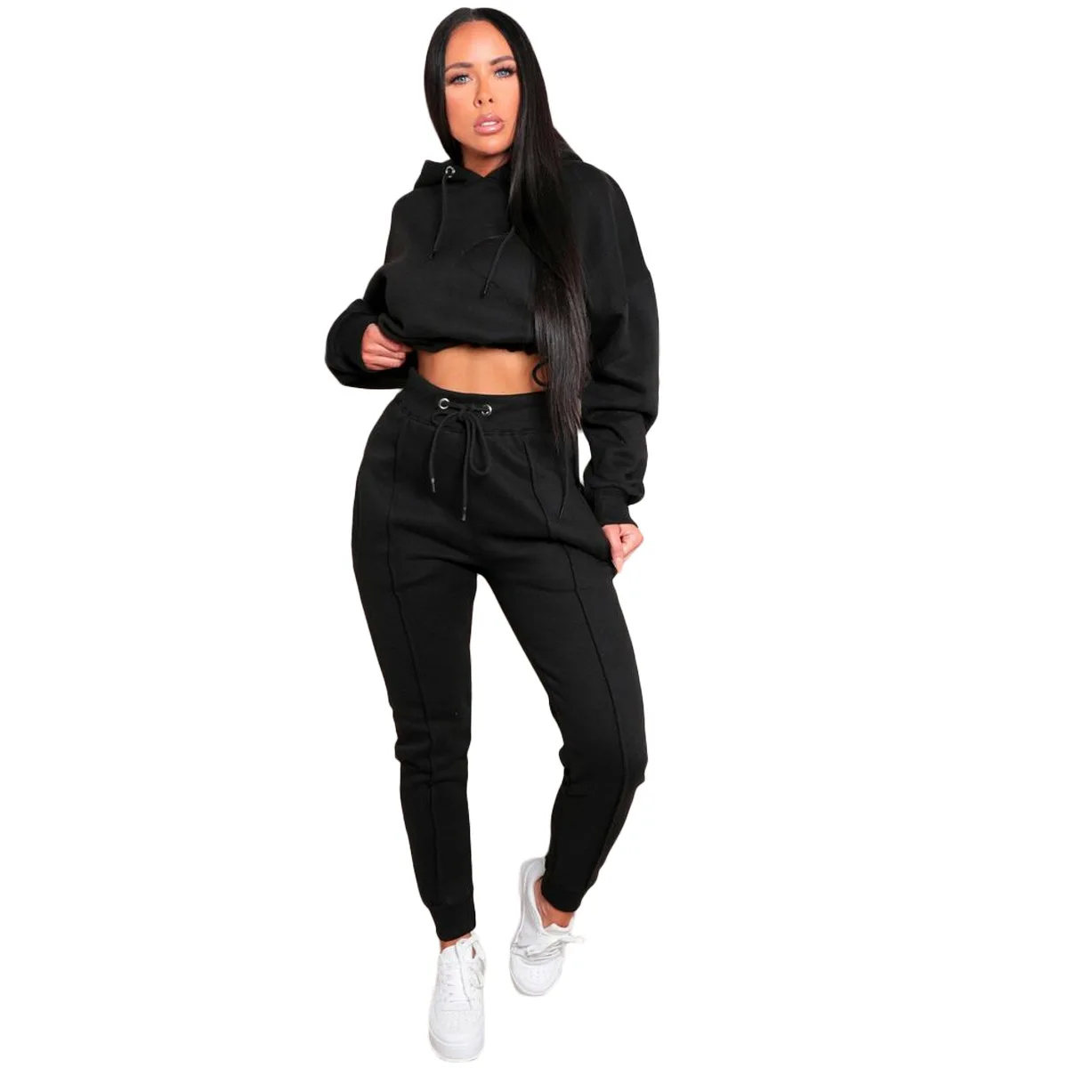 Solid color cropped hooded sweater elastic waist trousers sports two piece pants set