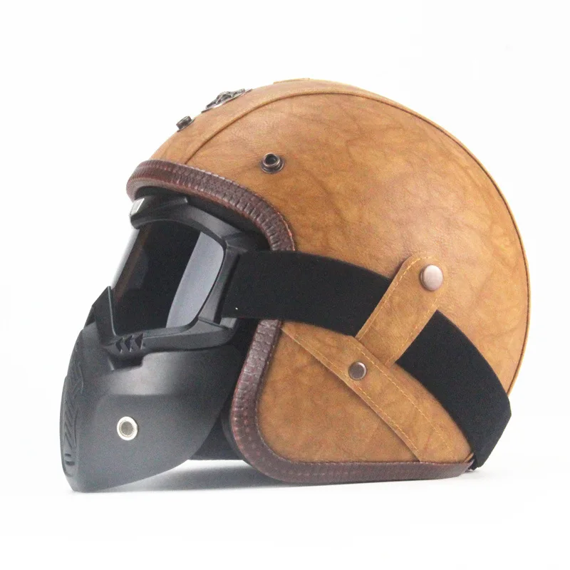 Retro Motorcycle Helmet Retro Vintage 3/4 Helmet Cruiser Scooter Casco Moto Helmet w Detachable Goggles