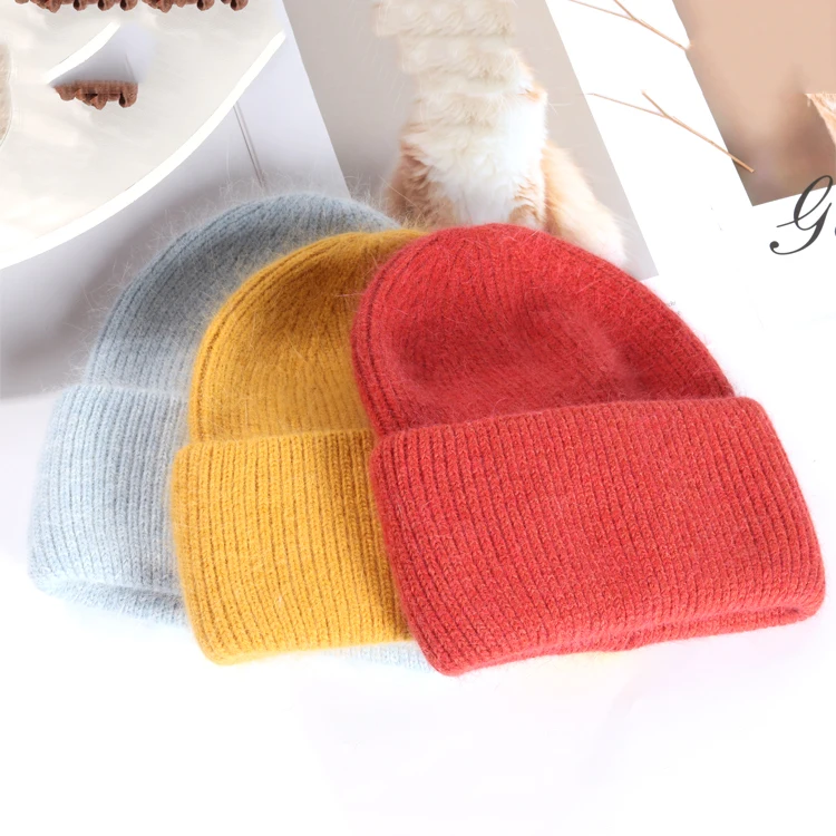 2021 new plain rabbit fur warm hat winter plain plush knit hat