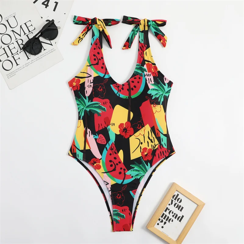 Tropical Leaf Watermelon Print Tie Shoulder One-Piece Swimsuit/