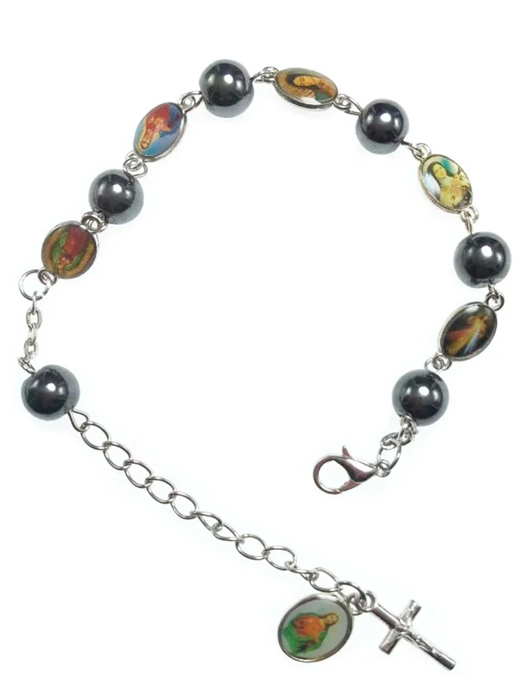 exquisite zinc alloy metal beads religious oval connector hematite bead rosary bracelet catholic icon bracelets