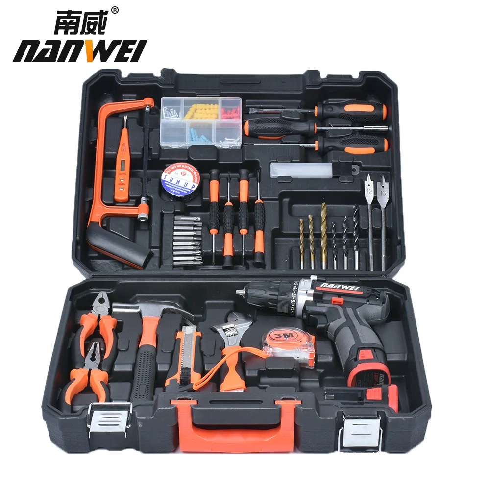 Набор ручных инструментов, комплект ручных инструментов общего домашнего ремонта с пластиковым ящиком для хранения, с литиевой электродрелью и т. Д.