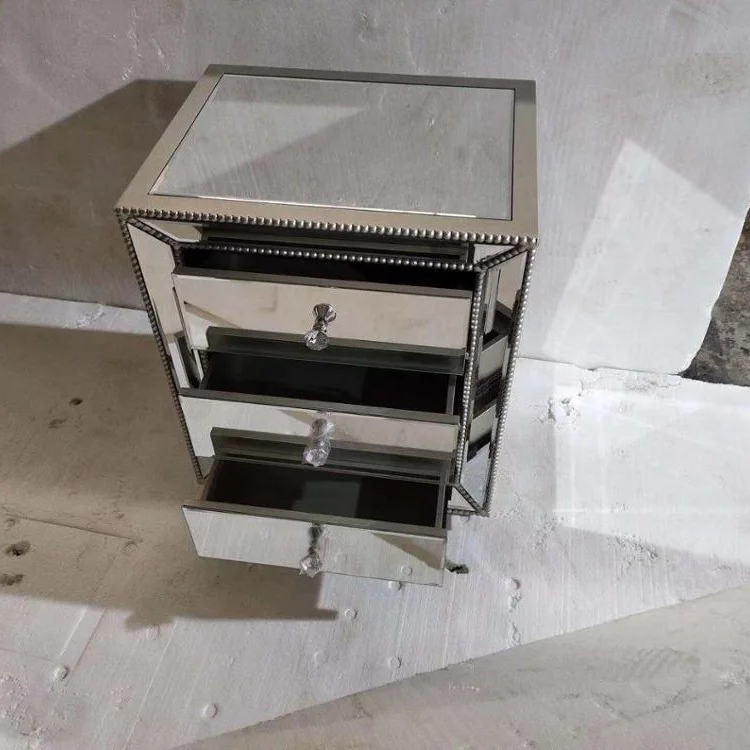 Hot Sale Beads Mirrored Nightstand  3 drawer chest bedside table  night stand Mirrored Side Board with beads