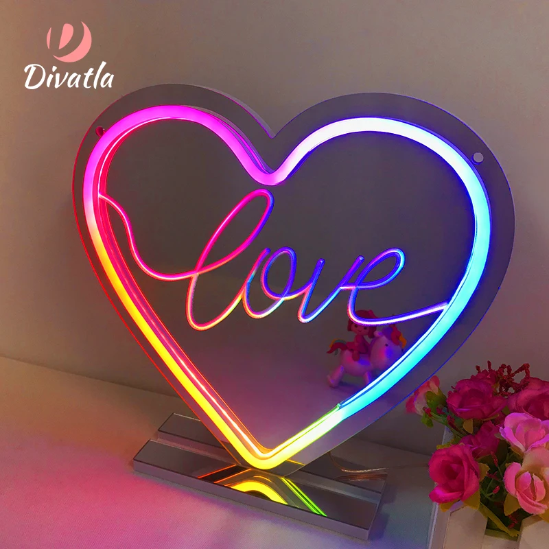 Divatla Custom Personalized Love Dreamcolor Neon Mirror With Led Light For Wedding Bedroom Decor Neon Light Mirror