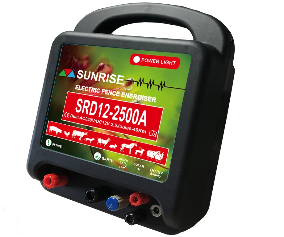 Solar and battery  and mains electric fence energizer for electric fence farm horse and sheep