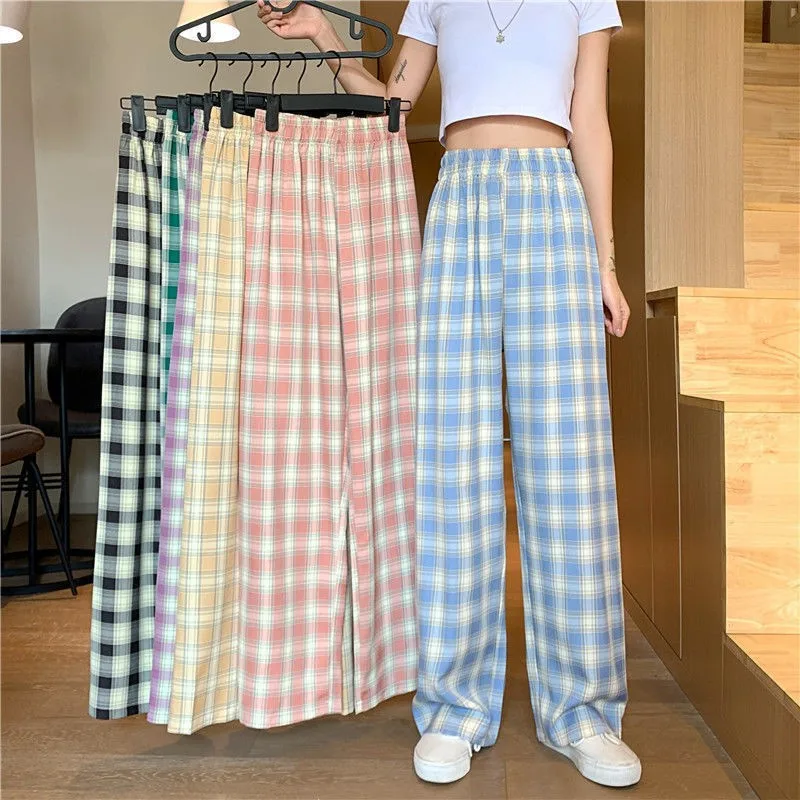 Female Korean Style High Waist Women Oversize Wide Leg Trousers Checkered Pajama Harajuku Plaid Pants