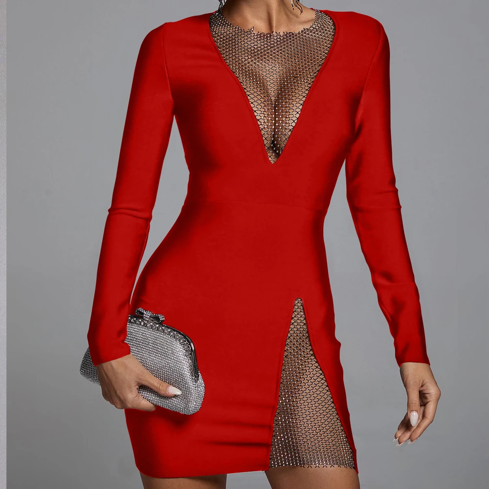 Latest party dress designs for ladies long sleeve mesh rhinestone sexy tight short transparent club dress