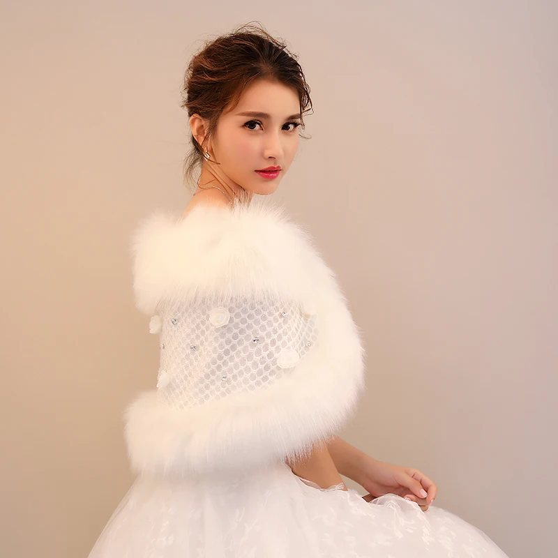 
Wholesale winter hot sale plush collar shawl mesh pearl cloth flower rhinestone bridal shawl 