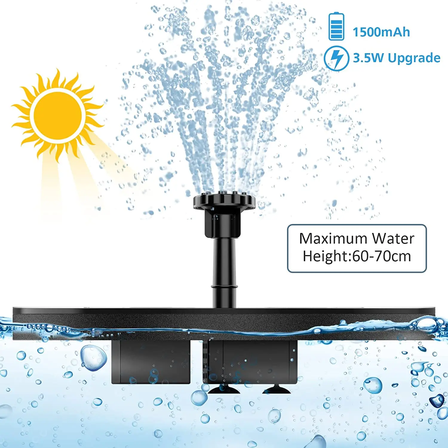 3.5W Solar Fountain Pump Built-in 1500mAH Battery Solar Bird Bath Fountain Pump with 6 Nozzles