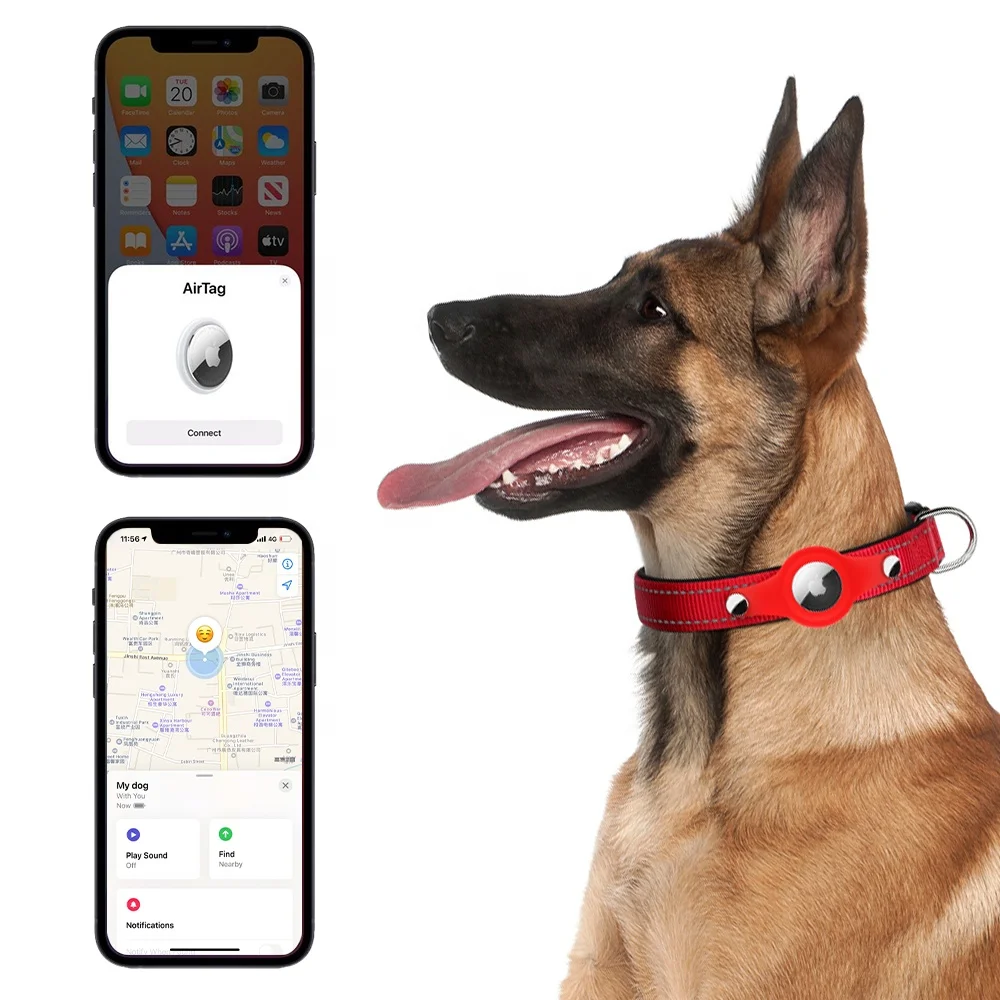 Apple Airtag Case Holder Reflective Nylon Dog Collar with Soft Neoprene Padding for Pet GPS Tracker