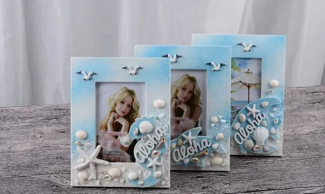 Custom logo tourist souvenir ocean beach design shell wood photo frame