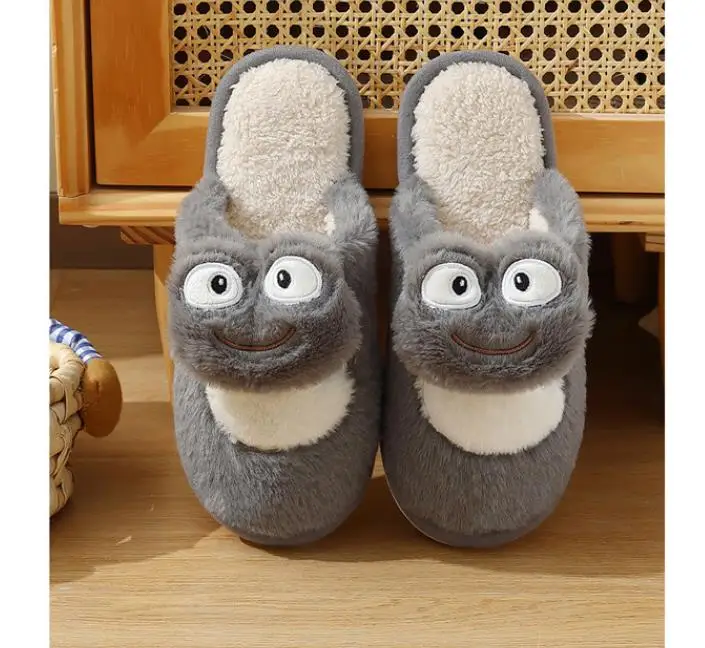 2024 Cute Frog Cotton Slippers For Women Men Winter Indoor Home Floor Shoes Warm Faux Fur Anti-slip Couples Cartoon Footwear