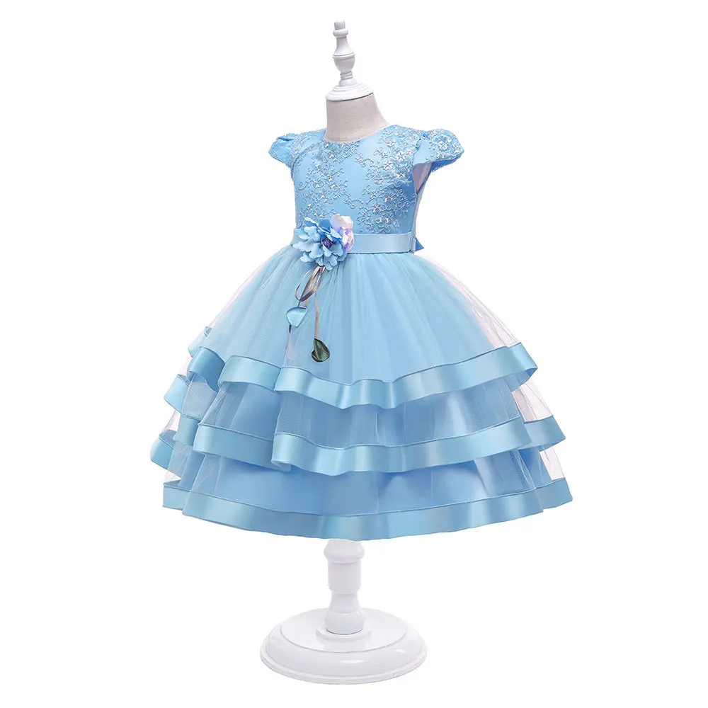 3300 Good quality kids dress birthday party 6 years girls princess gown light blue flower children dress