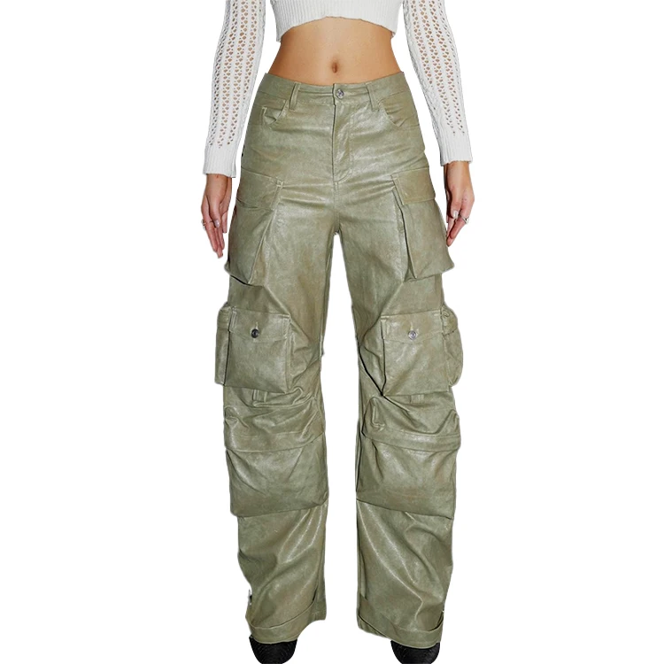 Custom OEM Manufacturer Vintage Pockets High Waist Streetwear baggy Casual ladies Long parachute Cargo Pant for women Trousers