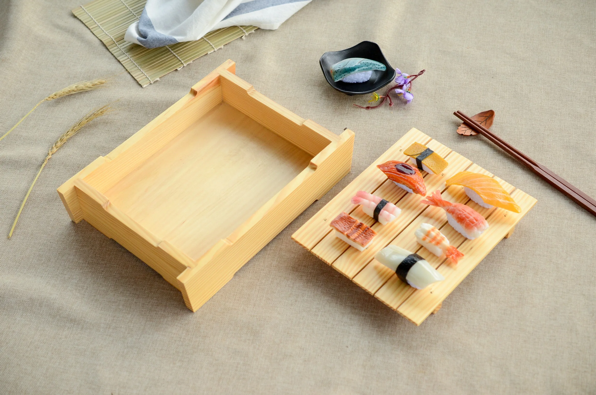 Wooden rectangle shape healthy useful sushi sashimi display shelf food storage&tray